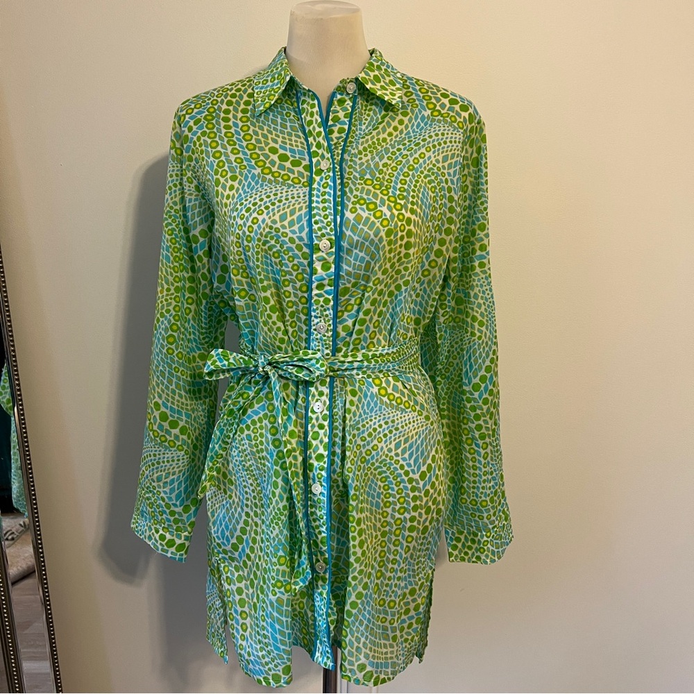 Trina Turk Green Yellow Button Front Shirt Dress Size Large cotton belted - Picture 1 of 8